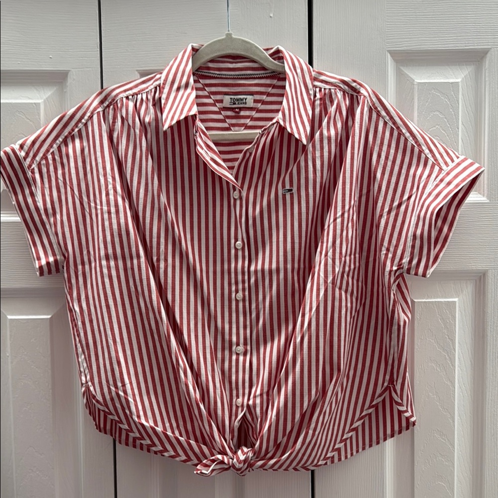 NWOT. Tommy Hilfiger Red and White Striped Short Sleeve Shirt